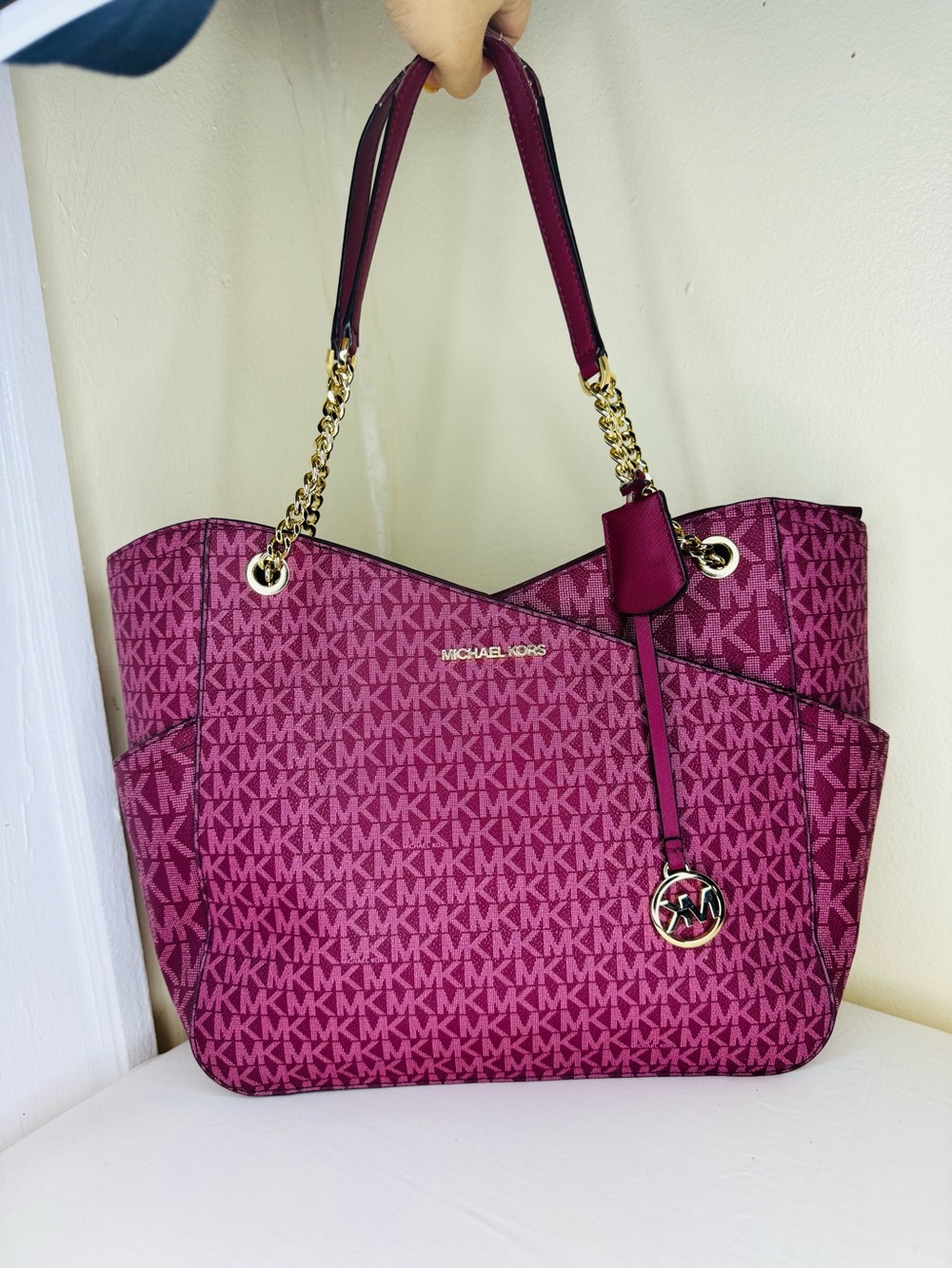 Michael Kors Fuchsia Signature MK Tote with Gold Hardware